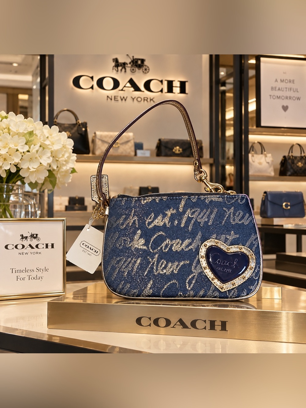 Coach Y2K Navy Script Heart Patch Wristlet in Blue and Gold